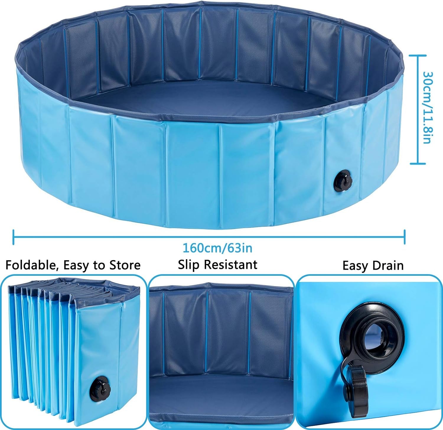 Dog Pool Foldable Pet Outdoor Swimming Pool Collapsible Anti-Slip Hard PVC Pet Paddling Bathtub for Large and Xtra Large Dogs, Kids, Pets((63'' * 12'')/(160Cm X 30Cm))