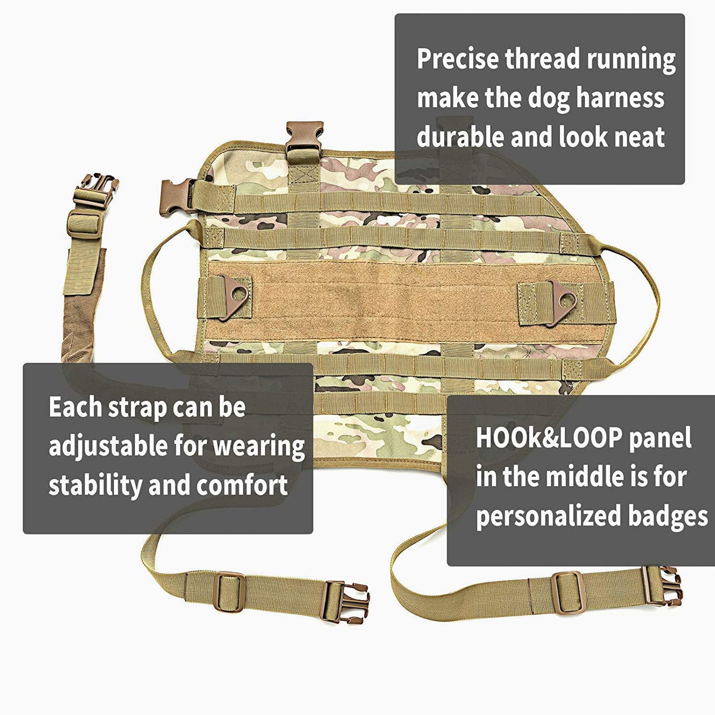 Tactical Dog Molle Vest Harness K9 Adjustable Outdoor Training Service Camouflage Harness with 3 Detachable Pouches Camouflage Size XL