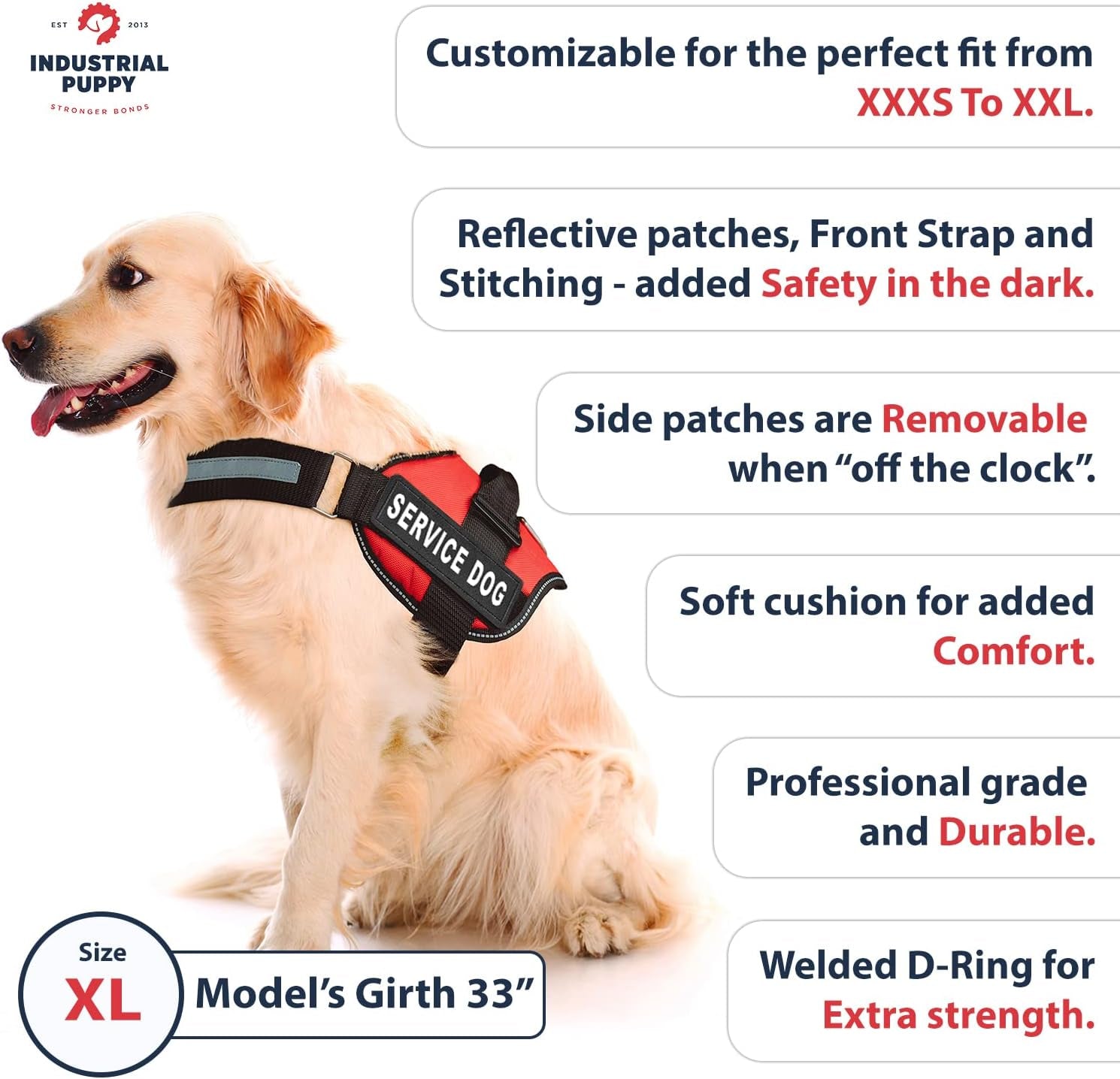 Service Dog Vest with Hook and Loop Straps & Matching Service Dog Leash Set - Harnesses from XXS to XXL - Service Dog Harness Features Reflective Patch and Comfortable Mesh Design (Black, XL)