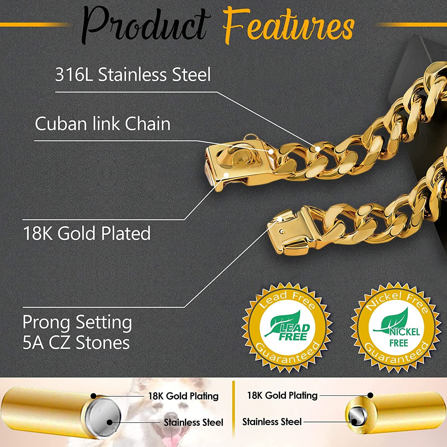 Gold Dog Chain Collar 19Mm Stainless Steel Cuban Link Chain Strong Heavy Duty Chew Proof Dog Necklace with Buckle for Luxury Training Dog Chain Collars for Medium Large Dog Gold Chain (16 Inch)